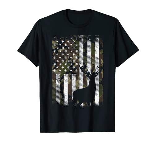 Camo US Flag Deer Elk Buck Camoflage Hunting Hunter Dad Gift Short Sleeve T-Shirt