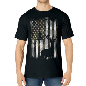 Camo US Flag Deer Elk Buck Camoflage Hunting Hunter Dad Gift Short Sleeve T-Shirt