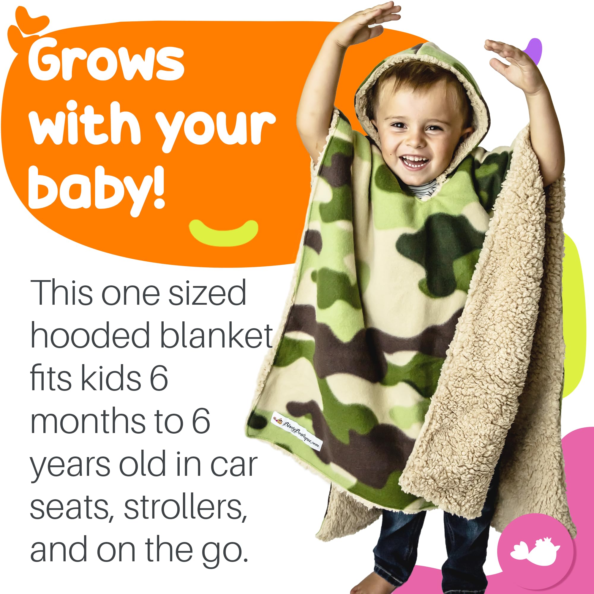 Birdy Boutique Car Seat Poncho for Kids – Safe to Use Over Seat Belts – Reversible Warm and Cozy Blanket – Easy on Easy Off and Doesn’t Impact Car Seat Performance – Camo and Bear – One Size