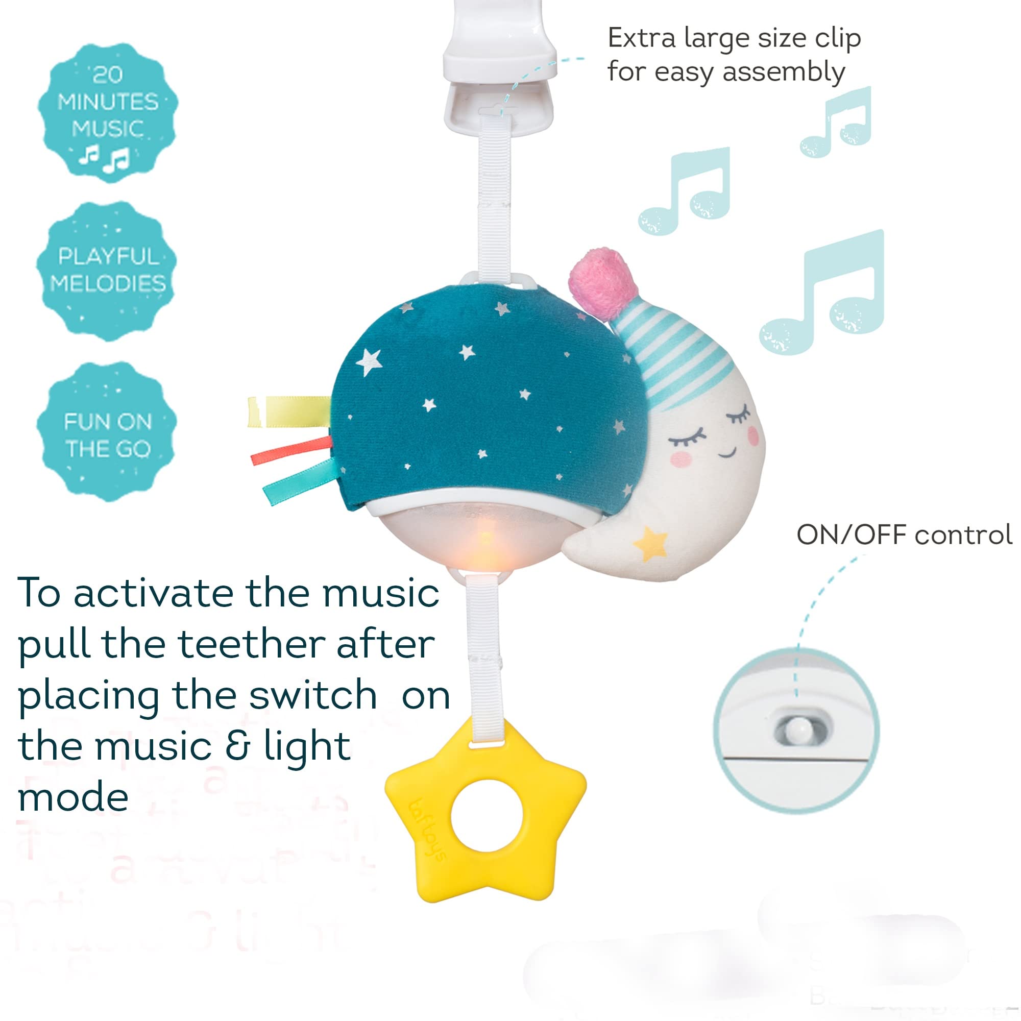 Taf Toys Musical Mini Moon, On-The-Go Pull Down Hanging Music and Lights Infant Toy | Parent and Baby’s Travel Companion, Soothe Baby, Keeps Baby Relaxed While Strolling, for Newborns and Up