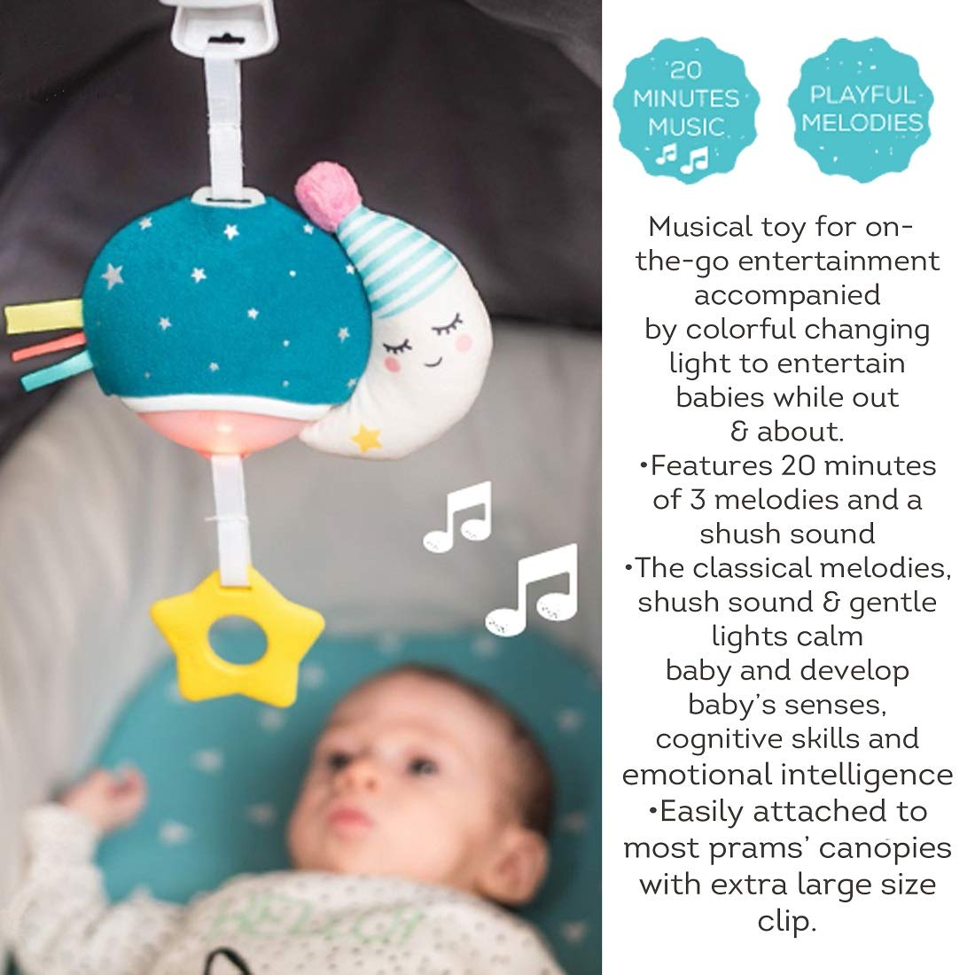 Taf Toys Musical Mini Moon, On-The-Go Pull Down Hanging Music and Lights Infant Toy | Parent and Baby’s Travel Companion, Soothe Baby, Keeps Baby Relaxed While Strolling, for Newborns and Up