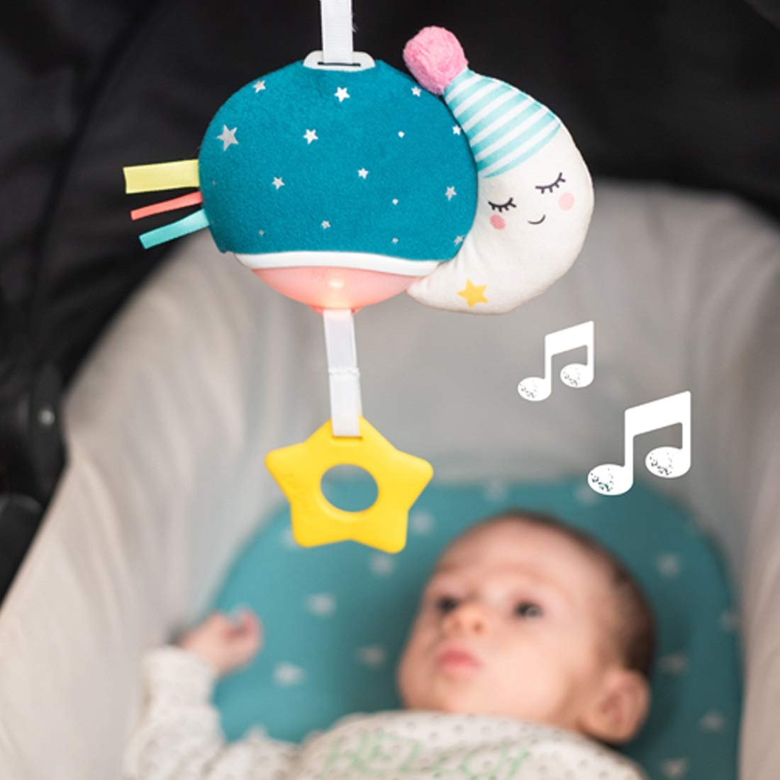 Taf Toys Musical Mini Moon, On-The-Go Pull Down Hanging Music and Lights Infant Toy | Parent and Baby’s Travel Companion, Soothe Baby, Keeps Baby Relaxed While Strolling, for Newborns and Up