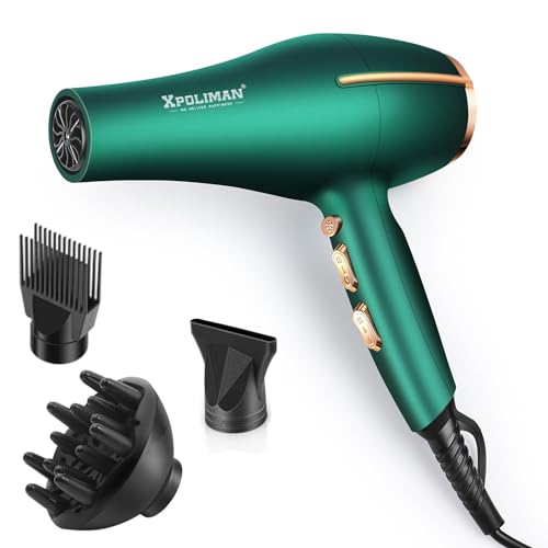 Pro Ionic Salon Hair Dryer,Xpoliman Blow Dryer,Powerful 2000 Watt with AC Motor,Quick Drying Hairdryers Diffuser Fast Dryer Lightweight Best Soft Touch Body -Green & Gold