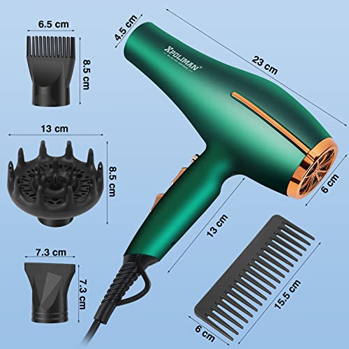 Pro Ionic Salon Hair Dryer,Xpoliman Blow Dryer,Powerful 2000 Watt with AC Motor,Quick Drying Hairdryers Diffuser Fast Dryer Lightweight Best Soft Touch Body -Green & Gold