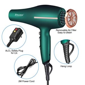 Pro Ionic Salon Hair Dryer,Xpoliman Blow Dryer,Powerful 2000 Watt with AC Motor,Quick Drying Hairdryers Diffuser Fast Dryer Lightweight Best Soft Touch Body -Green & Gold