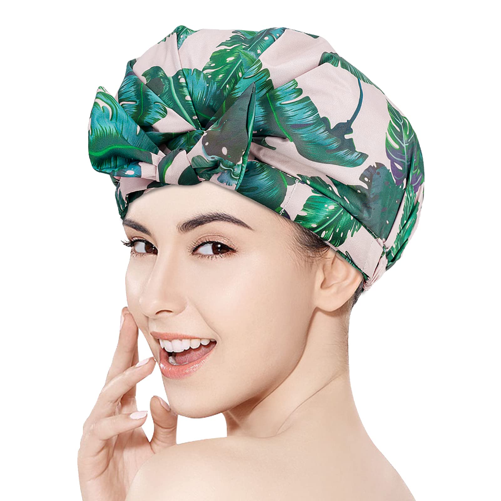 Auban Shower Cap Reusable,Ribbon Bow Bath Cap Oversized Large Design With Waterproof Exterior for All Hair Lengths,Great for Girls Spa Home Use,Hotel and Hair Salon (Green)