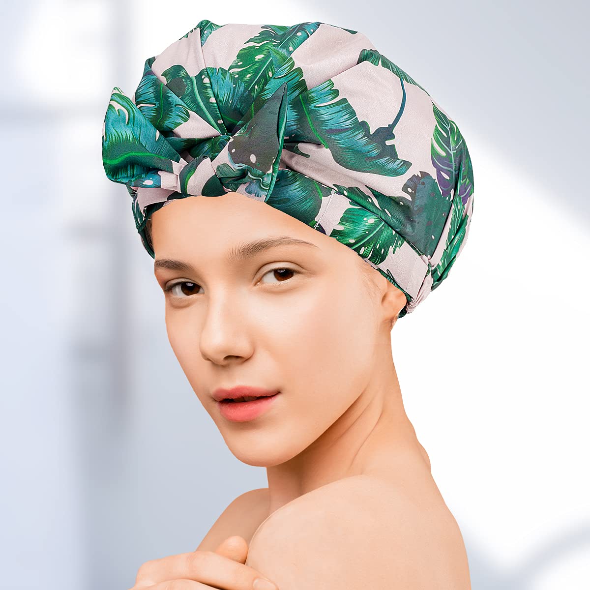 Auban Shower Cap Reusable,Ribbon Bow Bath Cap Oversized Large Design With Waterproof Exterior for All Hair Lengths,Great for Girls Spa Home Use,Hotel and Hair Salon (Green)