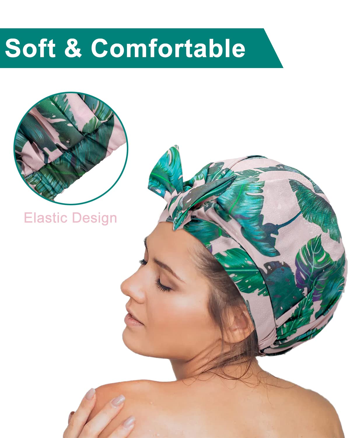 Auban Shower Cap Reusable,Ribbon Bow Bath Cap Oversized Large Design With Waterproof Exterior for All Hair Lengths,Great for Girls Spa Home Use,Hotel and Hair Salon (Green)