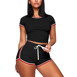 olinase womens summer sports short sleeve outfit tracksuit shirt & shorts sportswear set activewear black