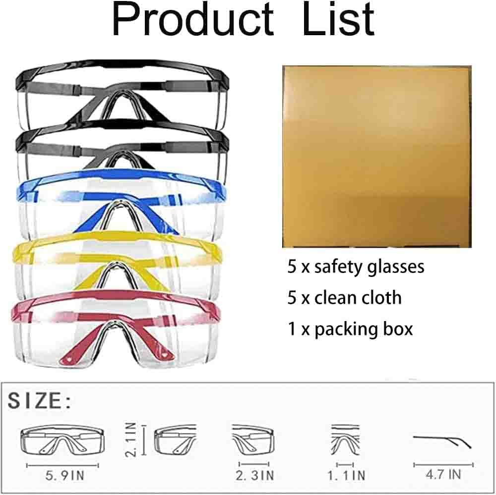 5 PACK Safety Glasses Safety Goggles for Men Women Clear Z87 Anti-fog Wide Vision Safety Glasses Over 5.3'' Eyeglasses, UV 400 Blocking Protection Eyewear Adjustable Temples Eye Shied for Nurse