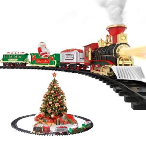 hot bee electric train set, toy train sets for boys 4-7, around the christmas tree train toys w/smoke, realistic lights & sounds, for 3 4 5 6 7 8+ year old kids boys girls