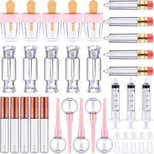 30 pieces lip gloss tube tool set, include 20 pencil ice-cream lollipop candy shaped empty lip gloss tubes, 5 clear lip balm containers with rose gold cap and 5 plastic syringe for women girls diy