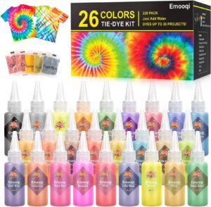 diy tie dye kit, emooqi 26 colors fabric dye art set with rubber bands, gloves, spoon, funnel, apron, and table covers-great for craft arts fabric textile party handmade project.