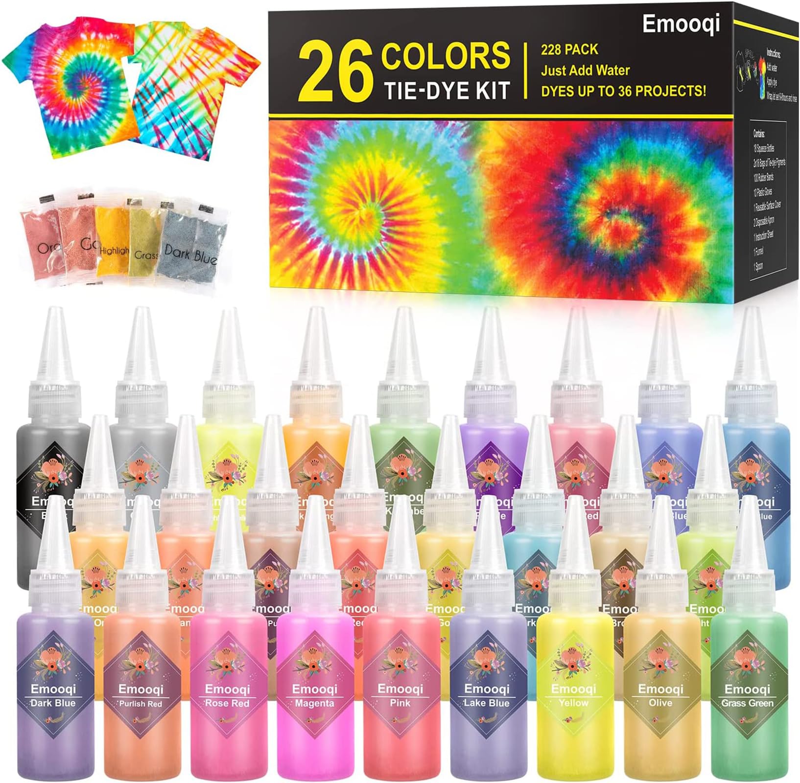 DIY Tie Dye Kit, Emooqi 26 Colors Fabric Dye Art Set with Rubber Bands, Gloves, Spoon, Funnel, Apron, and Table Covers-Great for Craft Arts Fabric Textile Party Handmade Project.