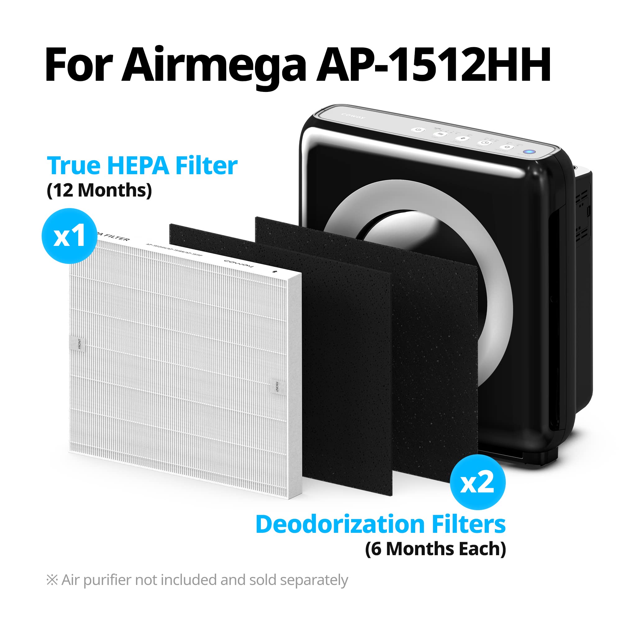 Coway Airmega 400(G) Smart Air Purifier True HEPA Air Purifier with Smart Technology, Covers 1,560 sq. ft, Graphite & Airmega AP-1512HH Air Purifier Replacement Filter Set, 1 Count (Pack of 1), White