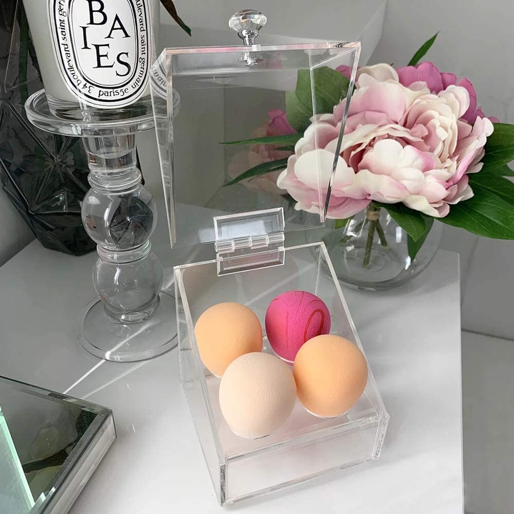 Acrylic Beauty Blender Sponge Holder With Dustproof Lid Clear 4 Hole Solution Makeup Sponges Display Stand For Bathroom (Clear-4holes)