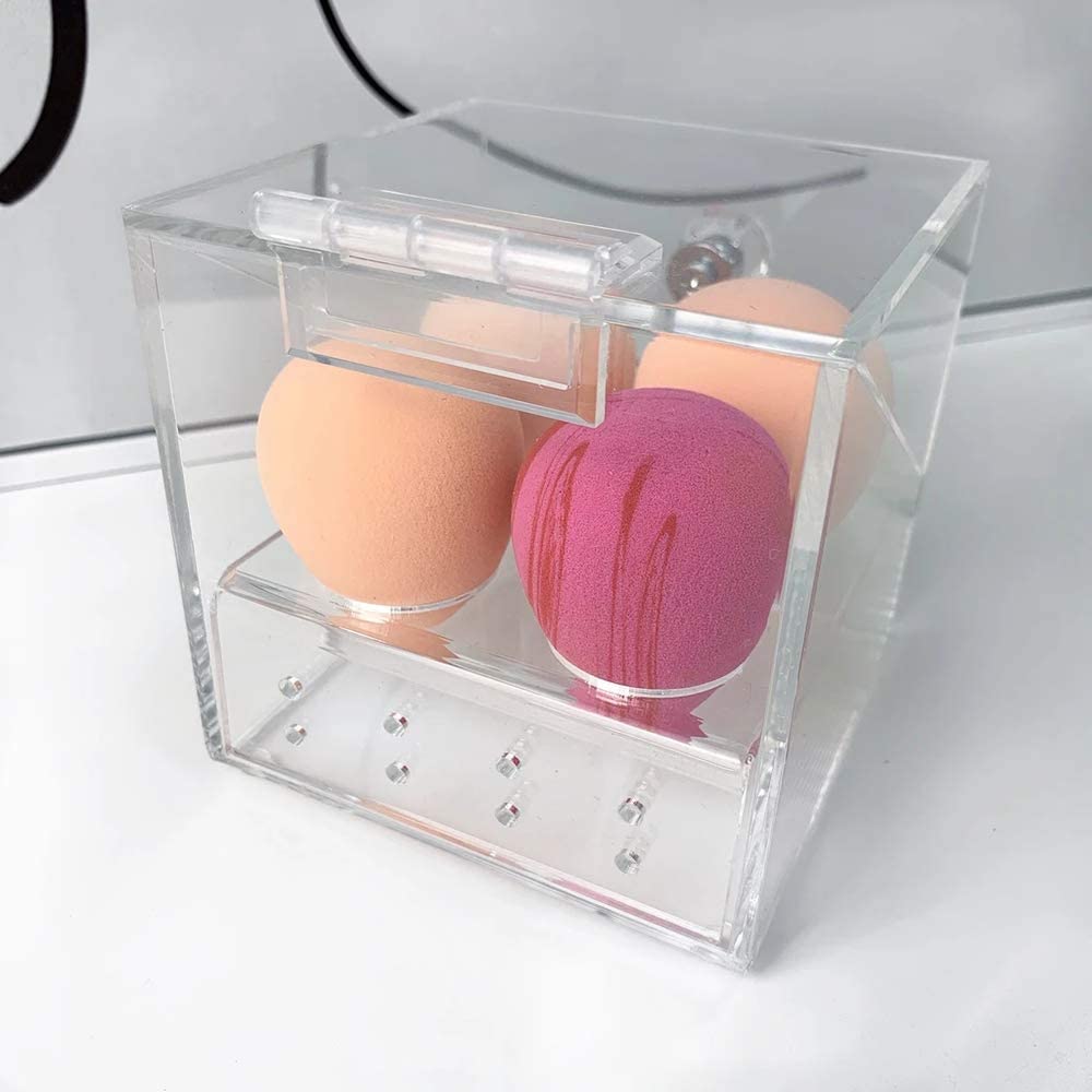 Acrylic Beauty Blender Sponge Holder With Dustproof Lid Clear 4 Hole Solution Makeup Sponges Display Stand For Bathroom (Clear-4holes)