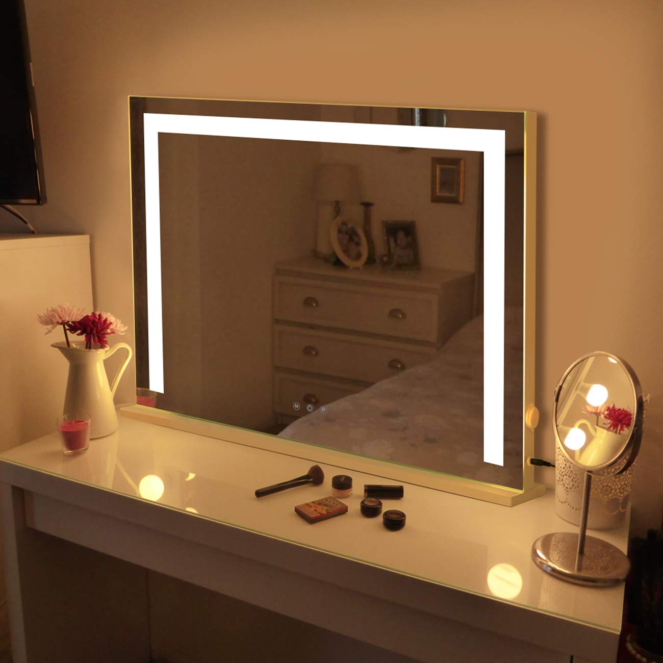 HOMPEN Makeup Mirror with Lights, Lighted Vanity Mirror, Table Top Lighted Beauty Mirror, Dimmable LED Light Strips, Hollywood Style Mirror