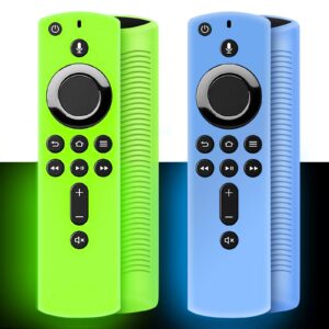 [2 pack ] 4k firestick remote cover case, silicone remote cover case compatible with 4k tv stick, lightweight anti slip shockproof (glowing green & blue)