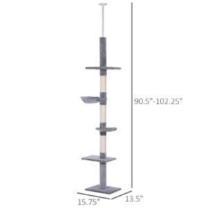 PawHut 8.5' Adjustable Height Floor-to-Ceiling Vertical Cat Tree, Gray and White