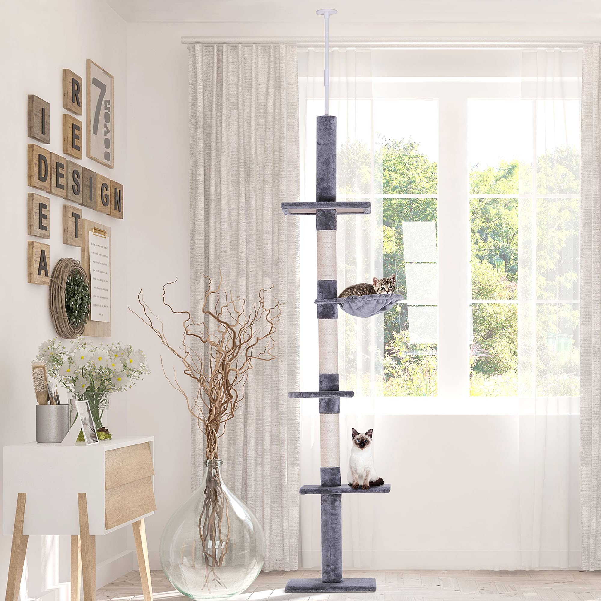 PawHut 8.5' Adjustable Height Floor-to-Ceiling Vertical Cat Tree, Gray and White