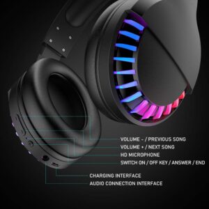 Wireless Bluetooth Headphone with Noise Cancellation HiFi Stereo Sound Mic Deep Bass Protein Earpad Rainbow RGB Backlight Rechageable Over Ear Headset for PC Mac Game Travel Class Home Office(Black)