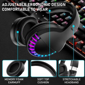 Wireless Bluetooth Headphone with Noise Cancellation HiFi Stereo Sound Mic Deep Bass Protein Earpad Rainbow RGB Backlight Rechageable Over Ear Headset for PC Mac Game Travel Class Home Office(Black)