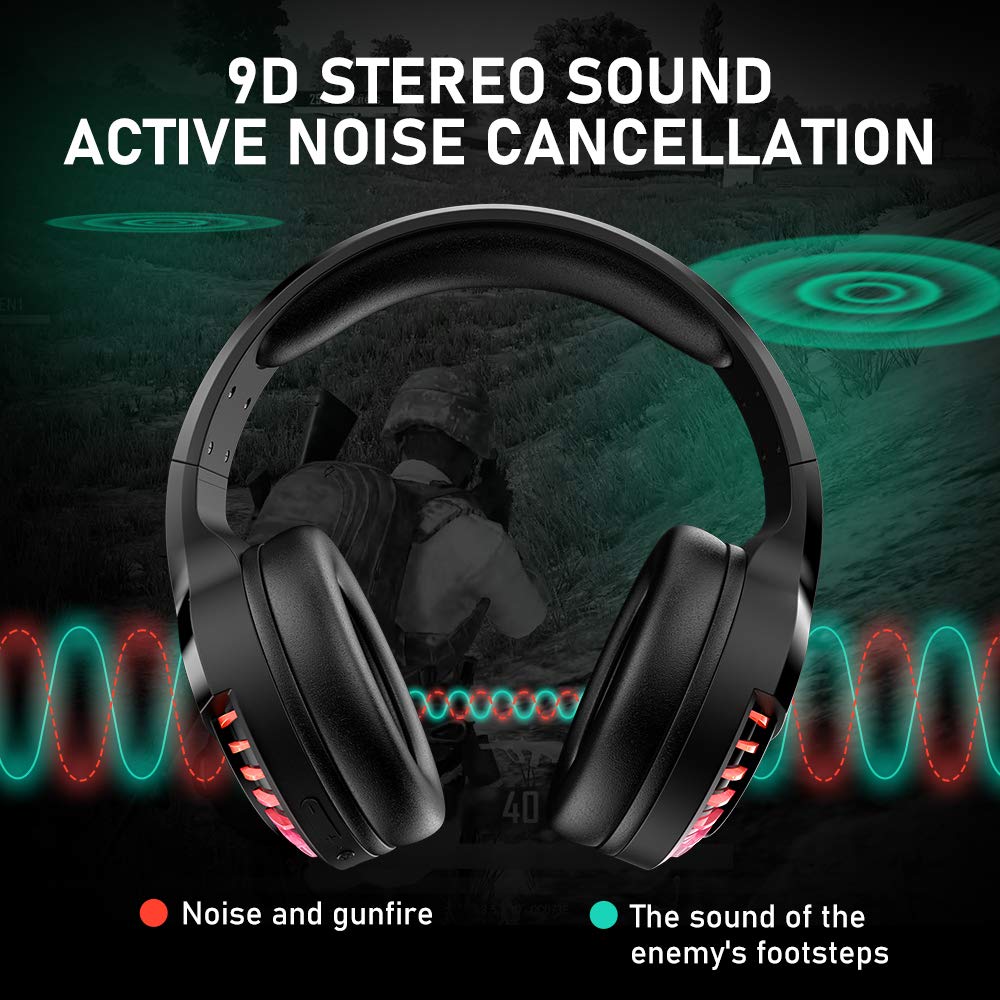 Wireless Bluetooth Headphone with Noise Cancellation HiFi Stereo Sound Mic Deep Bass Protein Earpad Rainbow RGB Backlight Rechageable Over Ear Headset for PC Mac Game Travel Class Home Office(Black)