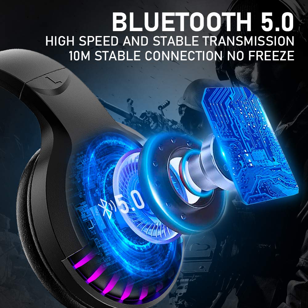 Wireless Bluetooth Headphone with Noise Cancellation HiFi Stereo Sound Mic Deep Bass Protein Earpad Rainbow RGB Backlight Rechageable Over Ear Headset for PC Mac Game Travel Class Home Office(Black)