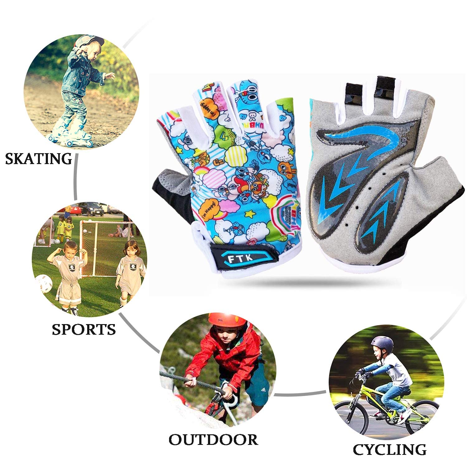 Kids Bike Gloves Boys Girls Gel Padded Full Finger/Half Finger Road Riding Mountain Bicycle Non-Slip Cycling Glove for Youth Junior Children Ages 2-11 (Blue-Half Finger,Small)