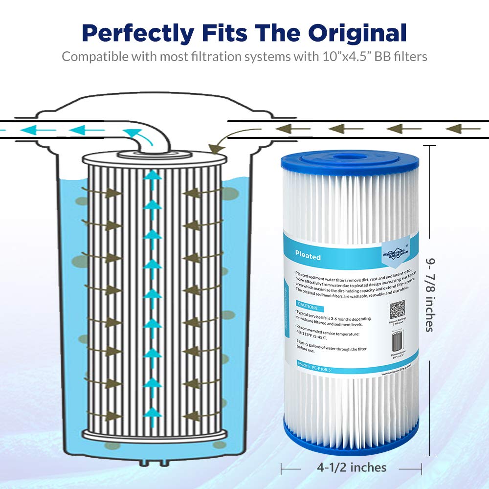 Membrane Solutions 5 Micron Pleated Water Filter Home 10"x4.5" Whole House Heavy Duty Sediment Replacement Cartridge Compatible with ECP10-1,ECP20-BB,R50-BBSA,FXHSC,CB1-SED10-BB (4 Pack)