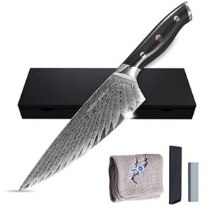 master maison 8" damascus steel chef knife: full-tang black handle with japanese mosaic rivet, aus-10 ultra-sharp stainless steel japanese chef knife, damascus chef knife, wooden storage box & extras