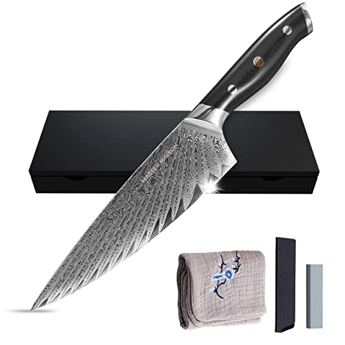 Master Maison 8" Damascus Steel Chef Knife: Full-Tang Black Handle with Japanese Mosaic Rivet, AUS-10 Ultra-Sharp Stainless Steel Japanese Chef Knife, Damascus Chef Knife, Wooden Storage Box & Extras