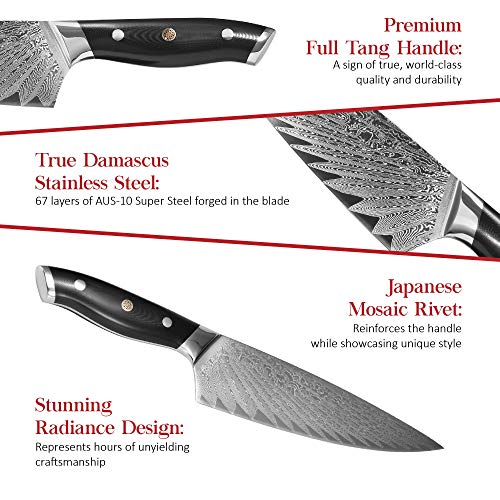 Master Maison 8" Damascus Steel Chef Knife: Full-Tang Black Handle with Japanese Mosaic Rivet, AUS-10 Ultra-Sharp Stainless Steel Japanese Chef Knife, Damascus Chef Knife, Wooden Storage Box & Extras