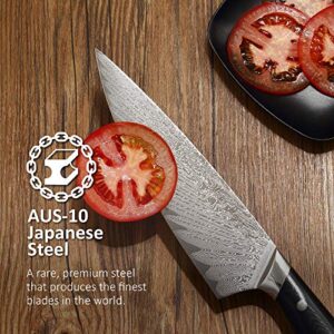 Master Maison 8" Damascus Steel Chef Knife: Full-Tang Black Handle with Japanese Mosaic Rivet, AUS-10 Ultra-Sharp Stainless Steel Japanese Chef Knife, Damascus Chef Knife, Wooden Storage Box & Extras