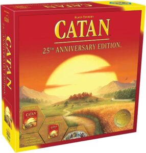 catan board game 25th anniversary edition | includes the base game and the 5-6 player extension | family board game | board game for adults and family | for 3 to 6 players | made by catan studio