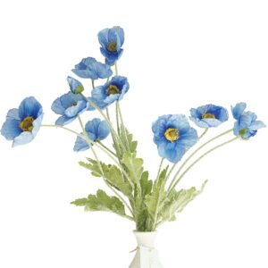 kamang artificial poppy blue silk flowers (3 stems) for home decor, diy bouquet, wedding. real touch blue silk flower, artificial plants poppy blue flowers table centerpiece (himalayan blue)