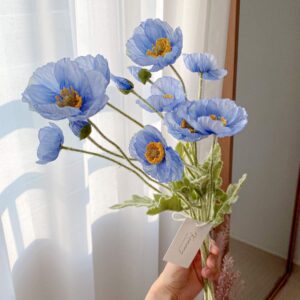 Kamang Artificial Poppy Blue Silk Flowers (3 Stems) for Home Decor, DIY Bouquet, Wedding. Real Touch Blue Silk Flower, Artificial Plants Poppy Blue Flowers Table Centerpiece (Himalayan Blue)