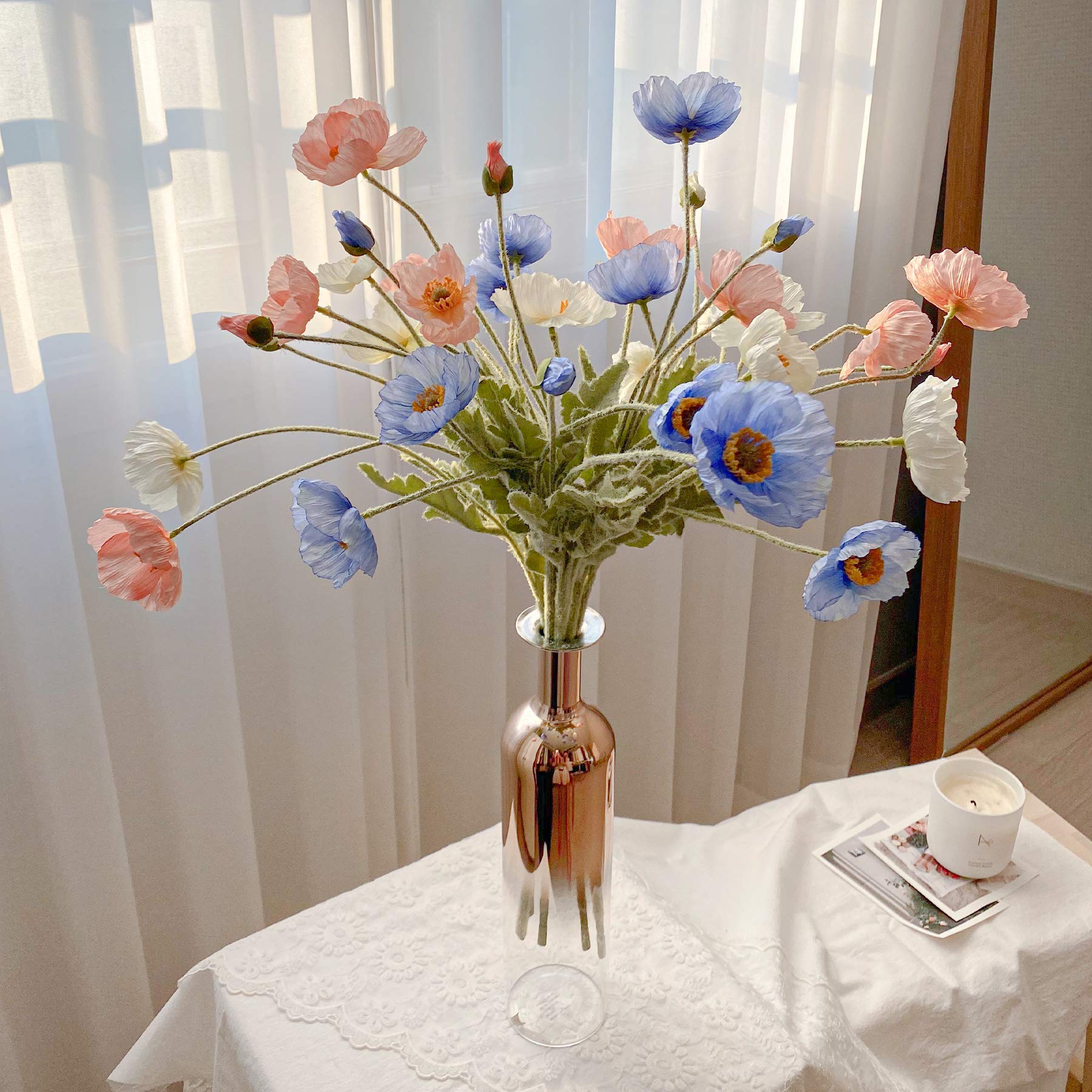 Kamang Artificial Poppy Blue Silk Flowers (3 Stems) for Home Decor, DIY Bouquet, Wedding. Real Touch Blue Silk Flower, Artificial Plants Poppy Blue Flowers Table Centerpiece (Himalayan Blue)