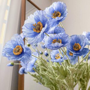 Kamang Artificial Poppy Blue Silk Flowers (3 Stems) for Home Decor, DIY Bouquet, Wedding. Real Touch Blue Silk Flower, Artificial Plants Poppy Blue Flowers Table Centerpiece (Himalayan Blue)