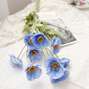 Kamang Artificial Poppy Blue Silk Flowers (3 Stems) for Home Decor, DIY Bouquet, Wedding. Real Touch Blue Silk Flower, Artificial Plants Poppy Blue Flowers Table Centerpiece (Himalayan Blue)