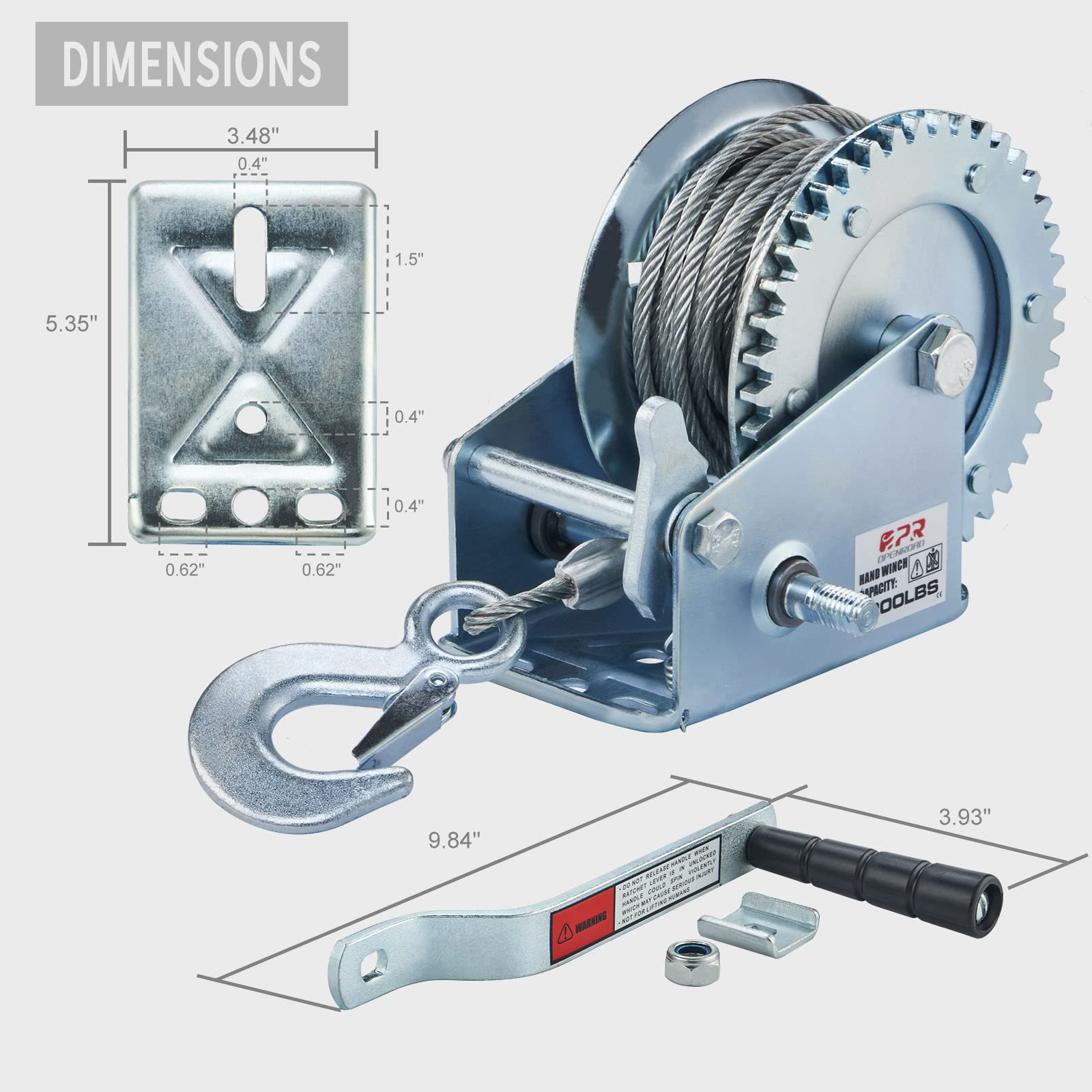 OPENROAD 1200lbs Hand Winch Boat Winch | Hand Crank Winch with 8m (26ft) Cable Manual Winches | Two-Way Adjustable Boat Trailer Winch | Corrosion Resistant Towing Winches (1200lbs)
