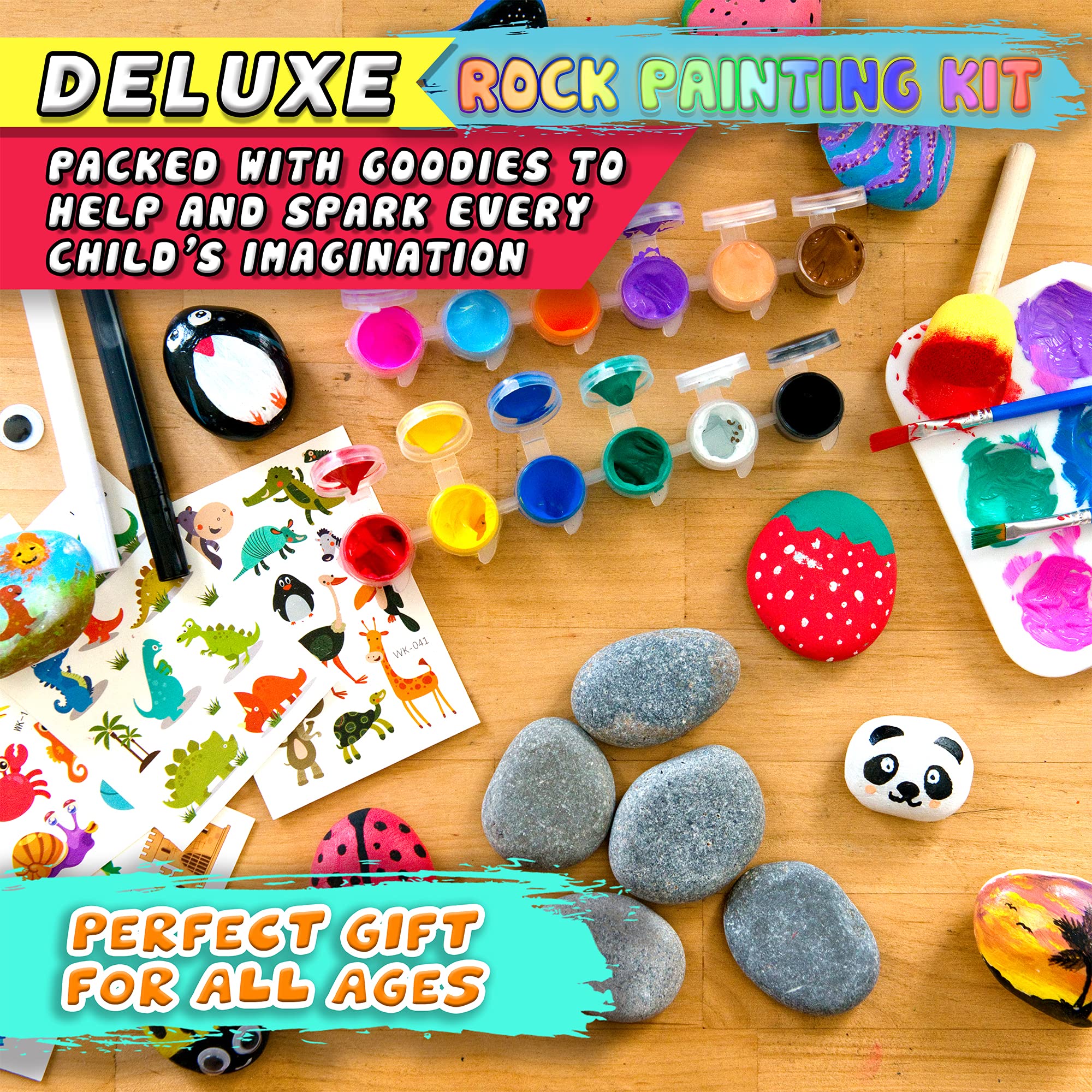 Dezzy's Workshop Rock Painting Kit for Kids - Arts & Crafts Supplies Set for Girls & Boys Ages 6-12 - Educational Art Supplies for Painting Rocks, Fun Toys & Games Ideas - Arts and Crafts for Kids