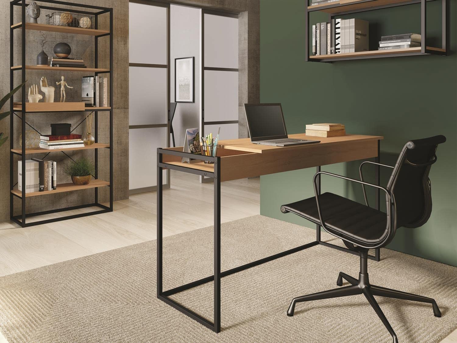 Casabianca Furniture Noa Office Desk in Birch Melamine with Black Metal Painted Frame.