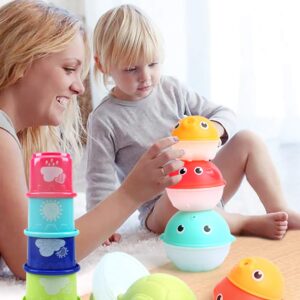 MoraBaby Baby Bath Stacking Toys with Organizer Bag, 8 Stacking Cup Toys, 4 Stack Up Squirts Animal Balls and 1 Floating Blue Octopus, Bath Time Fun Splash Toys, Gifts for Toddler 1-3 Years