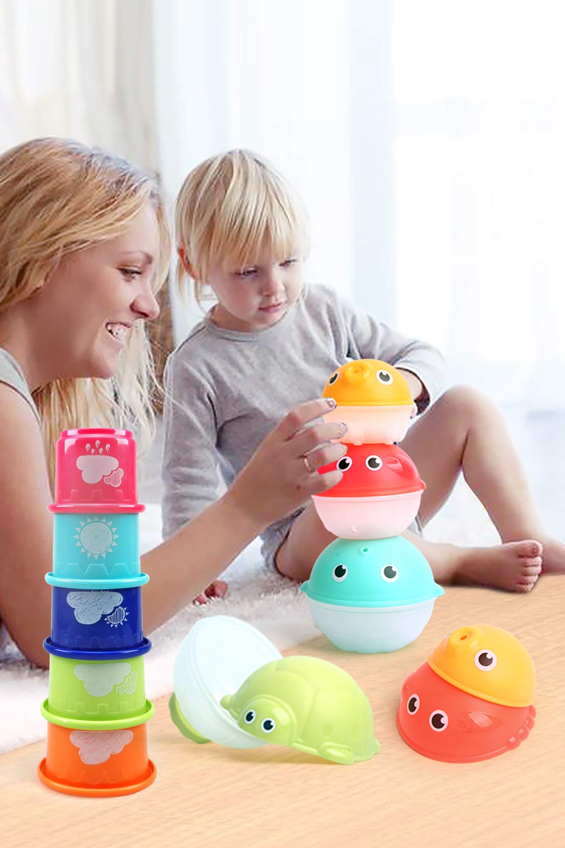 MoraBaby Baby Bath Stacking Toys with Organizer Bag, 8 Stacking Cup Toys, 4 Stack Up Squirts Animal Balls and 1 Floating Blue Octopus, Bath Time Fun Splash Toys, Gifts for Toddler 1-3 Years