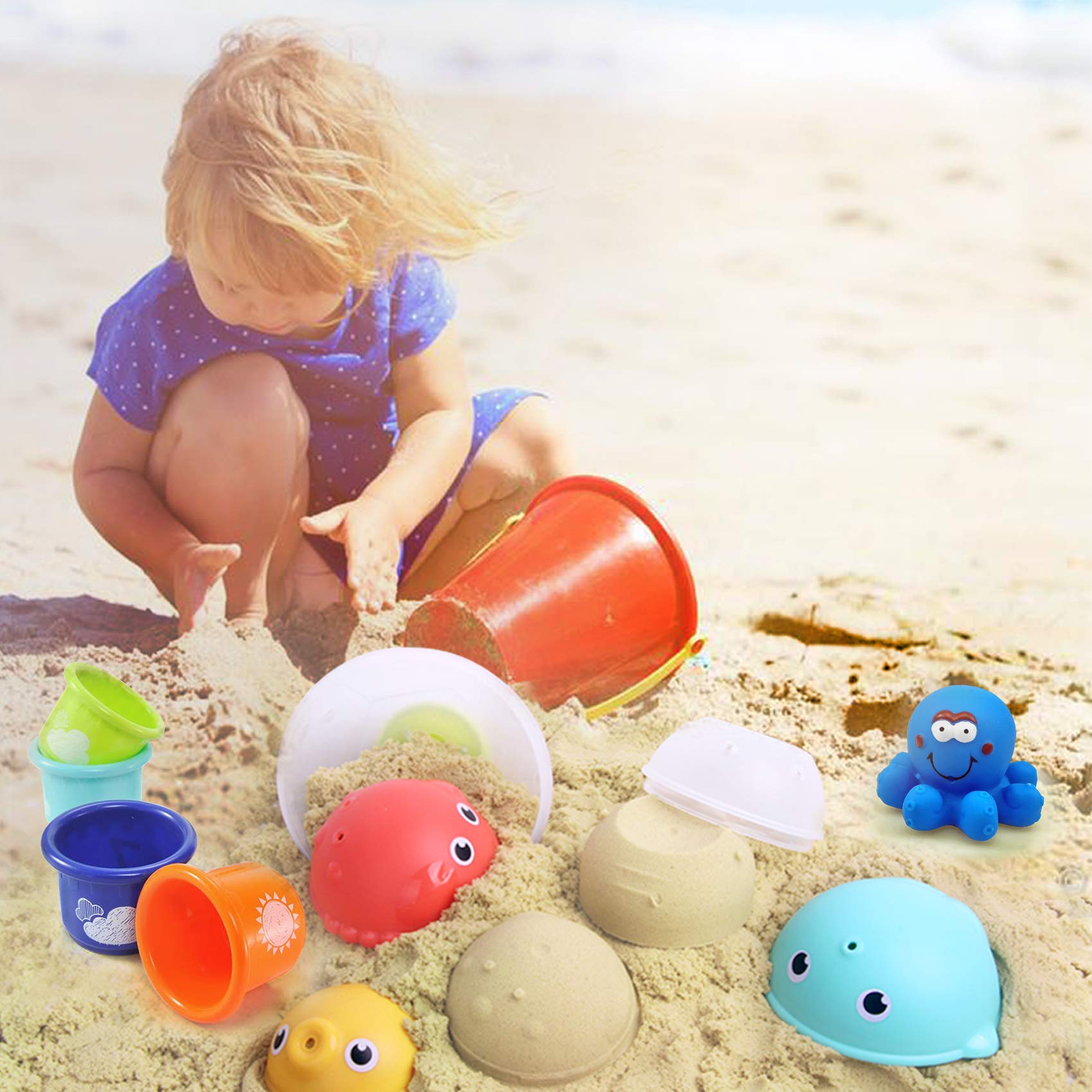 MoraBaby Baby Bath Stacking Toys with Organizer Bag, 8 Stacking Cup Toys, 4 Stack Up Squirts Animal Balls and 1 Floating Blue Octopus, Bath Time Fun Splash Toys, Gifts for Toddler 1-3 Years