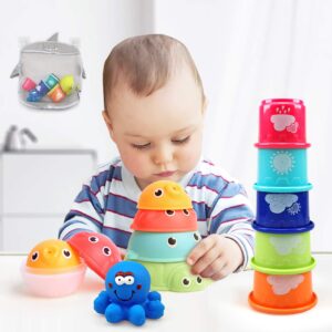 MoraBaby Baby Bath Stacking Toys with Organizer Bag, 8 Stacking Cup Toys, 4 Stack Up Squirts Animal Balls and 1 Floating Blue Octopus, Bath Time Fun Splash Toys, Gifts for Toddler 1-3 Years