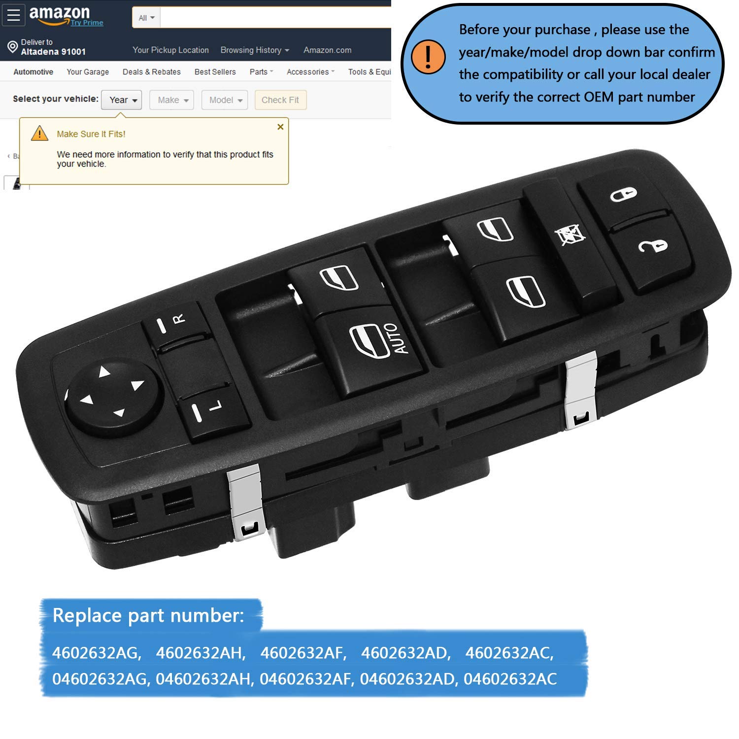 Front Driver Side Power Master Window Switch Compatible with 2009-2012 Dodge Journey 2008-2012 Dodge Nitro 2008-2012 Jeep Liberty Replace# 4602632AG