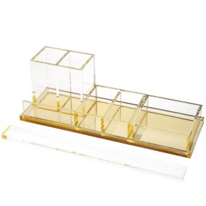 exputran acrylic desk organizer 4-piece desk kit + free complimentary acrylic ruler, desktop organization for office or home (gold)